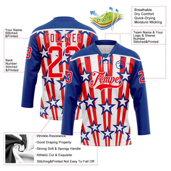 Custom Royal Fire Red-White American Flag Hockey Lace Neck Jersey
