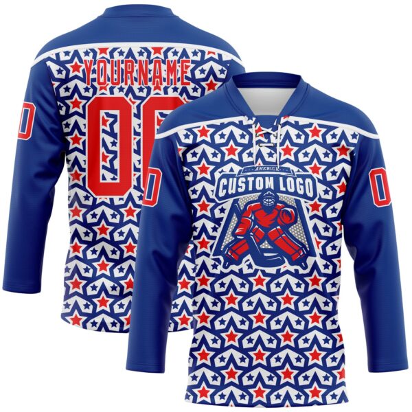 Custom Royal Fire Red-White American Flag Hockey Lace Neck Jersey