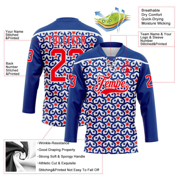 Custom Royal Fire Red-White American Flag Hockey Lace Neck Jersey