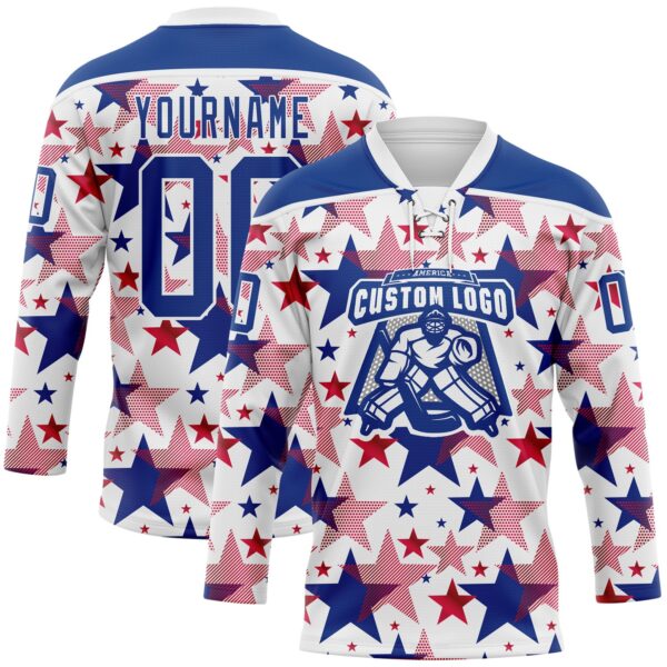 Custom White Royal-Red American Flag Hockey Lace Neck Jersey