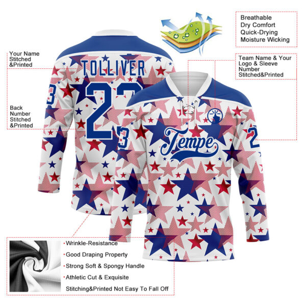 Custom White Royal-Red American Flag Hockey Lace Neck Jersey