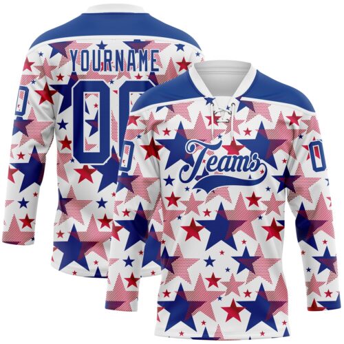 3DPattern11766 Custom White Royal-Red American Flag Hockey Lace Neck Jersey