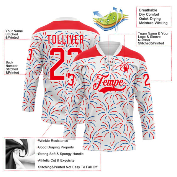 Custom White Fire Red-Royal American Flag Fireworks Hockey Lace Neck Jersey