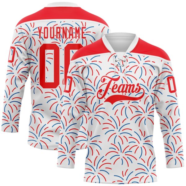 Custom White Fire Red-Royal American Flag Fireworks Hockey Lace Neck Jersey
