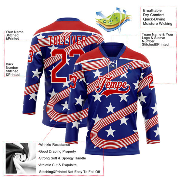 Custom Royal Red-White American Flag Hockey Lace Neck Jersey