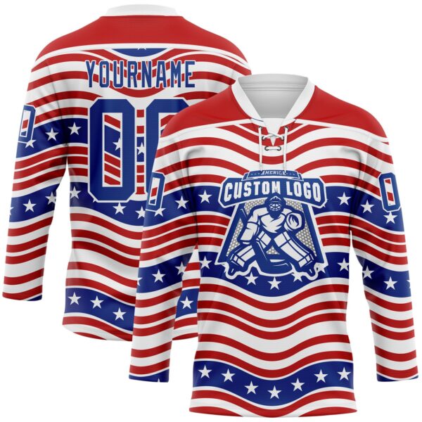 Custom White Royal-Red American Flag Hockey Lace Neck Jersey