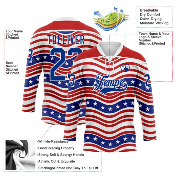 Custom White Royal-Red American Flag Hockey Lace Neck Jersey