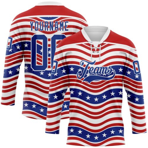 3DPattern11770 Custom White Royal-Red American Flag Hockey Lace Neck Jersey