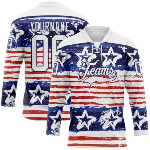 3DPattern11771 Custom White Red-Navy American Flag Painted Hockey Lace Neck Jersey