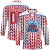 Custom White Fire Red-Blue American Flag Hockey Lace Neck Jersey