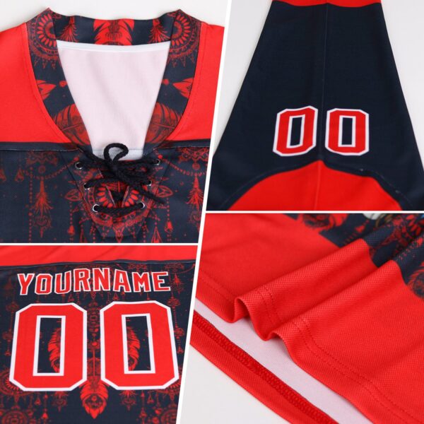 Custom White Fire Red-Blue American Flag Hockey Lace Neck Jersey