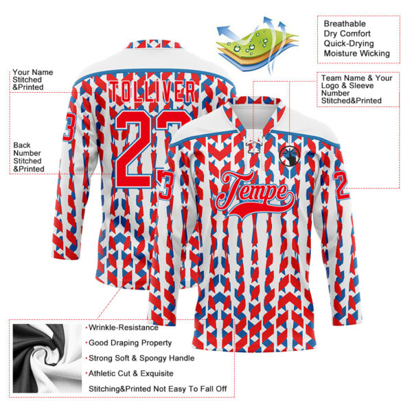 Custom White Fire Red-Blue American Flag Hockey Lace Neck Jersey