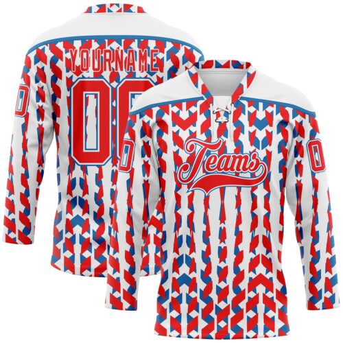 Custom White Fire Red-Blue American Flag Hockey Lace Neck Jersey