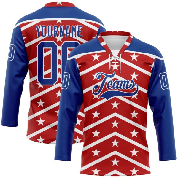 Custom Red Royal-White American Flag Hockey Lace Neck Jersey