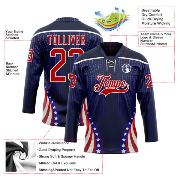 Custom Navy Red Royal-White American Flag Hockey Lace Neck Jersey