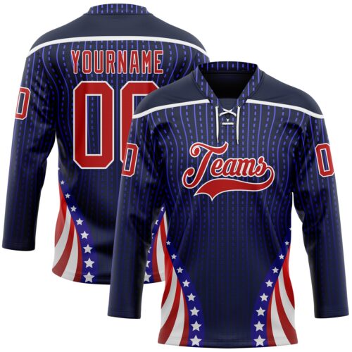 3DPattern11774 Custom Navy Red Royal-White American Flag Hockey Lace Neck Jersey