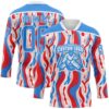 Custom White Powder Blue-Red American Flag Hockey Lace Neck Jersey