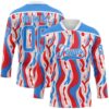 Custom White Powder Blue-Red American Flag Hockey Lace Neck Jersey