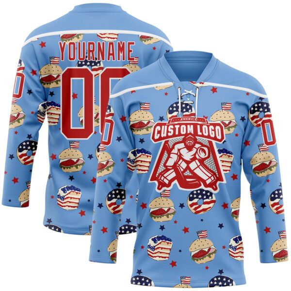 Custom Light Blue Red-White American Flag Hockey Lace Neck Jersey