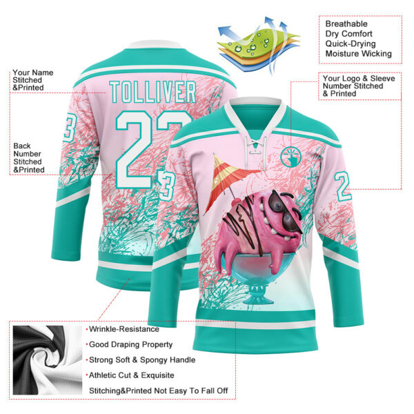 Custom Aqua White-Pink Foodie Funny Ice Cream Hockey Lace Neck Jersey