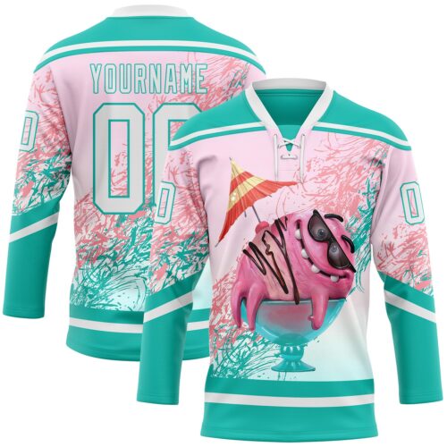 Custom Aqua White-Pink Foodie Funny Ice Cream Hockey Lace Neck Jersey