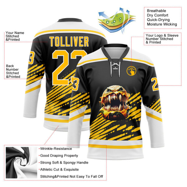Custom Black Yellow-White Foodie Funny Hamberger Hockey Lace Neck Jersey