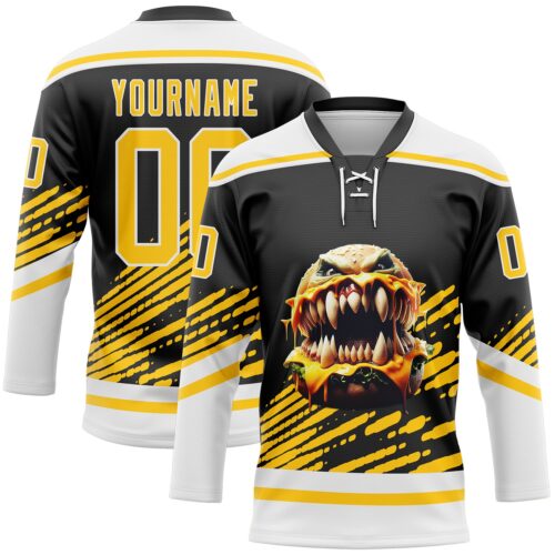 3DPattern11781 Custom Black Yellow-White Foodie Funny Hamberger Hockey Lace Neck Jersey