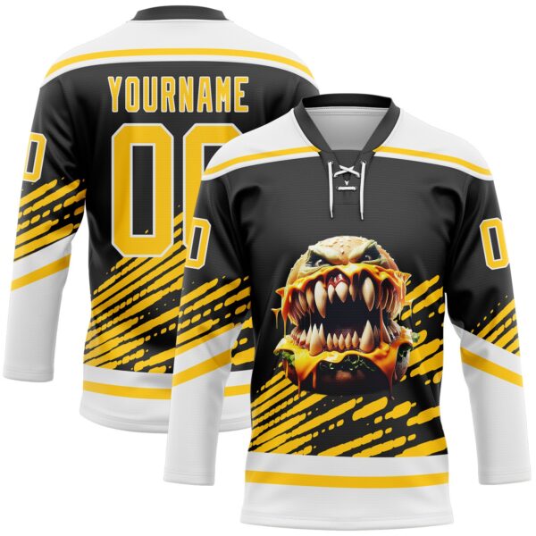 Custom Black Yellow-White Foodie Funny Hamberger Hockey Lace Neck Jersey