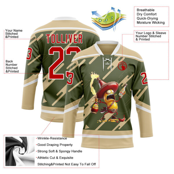 Custom Olive Red Vegas Gold-White Foodie Funny Hot Sauce Chili Hockey Lace Neck Jersey
