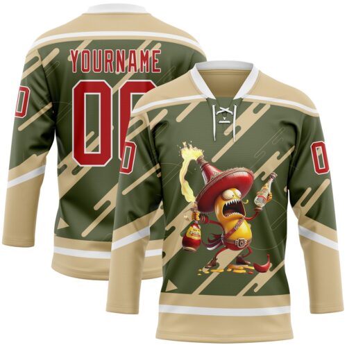 Custom Olive Red Vegas Gold-White Foodie Funny Hot Sauce Chili Hockey Lace Neck Jersey