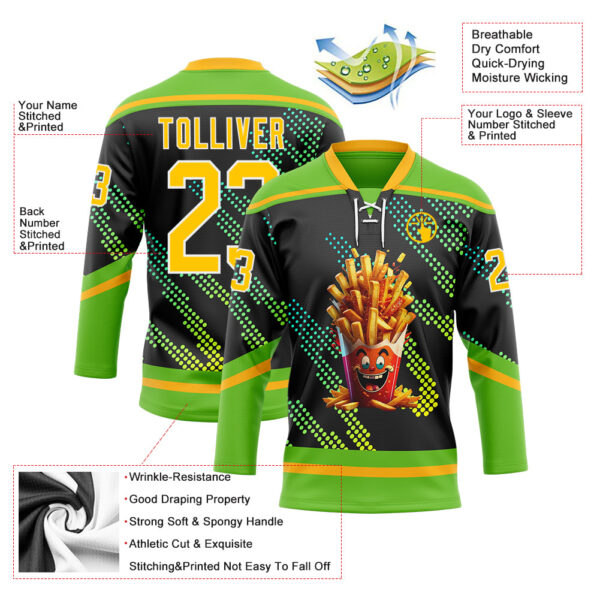 Custom Aurora Green Gold Black-White Foodie Funny Fries Hockey Lace Neck Jersey