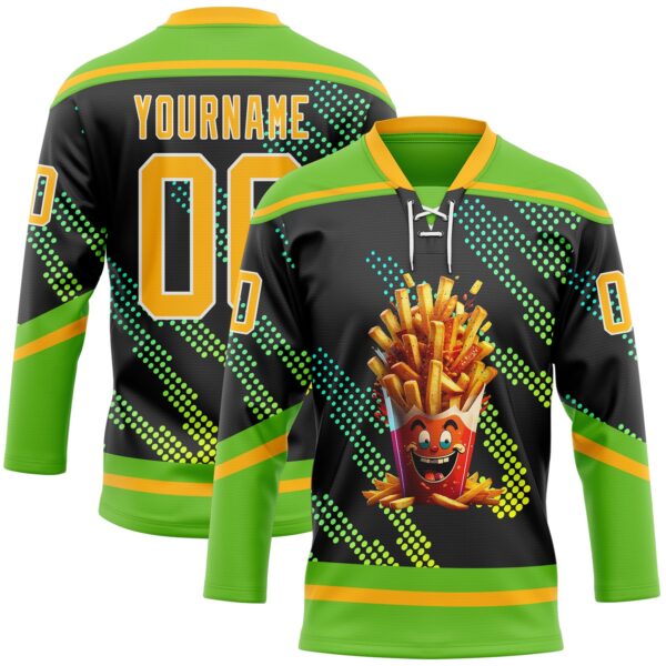 Custom Aurora Green Gold Black-White Foodie Funny Fries Hockey Lace Neck Jersey