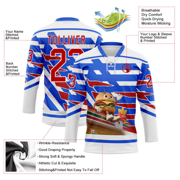 Custom White Red-Thunder Blue Foodie Funny Hamberger Fries Hockey Lace Neck Jersey