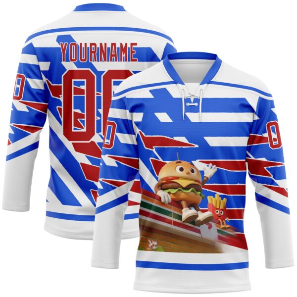 Custom White Red-Thunder Blue Foodie Funny Hamberger Fries Hockey Lace Neck Jersey