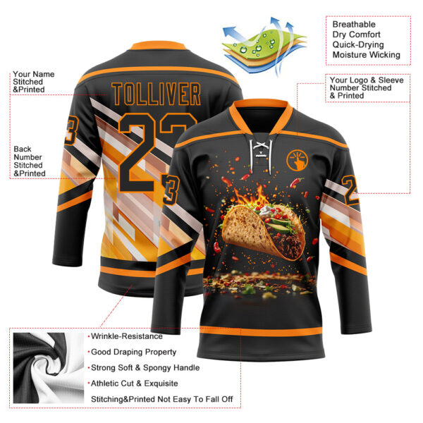 Custom Black Bay Orange-White Foodie Funny Tacos Hockey Lace Neck Jersey