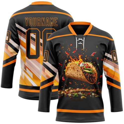 Custom Black Bay Orange-White Foodie Funny Tacos Hockey Lace Neck Jersey