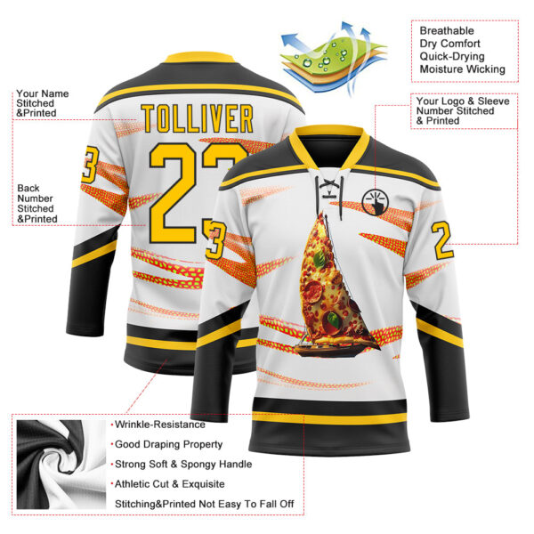 Custom White Yellow-Black Foodie Funny Pizza Hockey Lace Neck Jersey