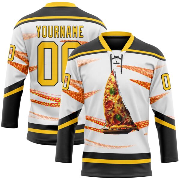 Custom White Yellow-Black Foodie Funny Pizza Hockey Lace Neck Jersey
