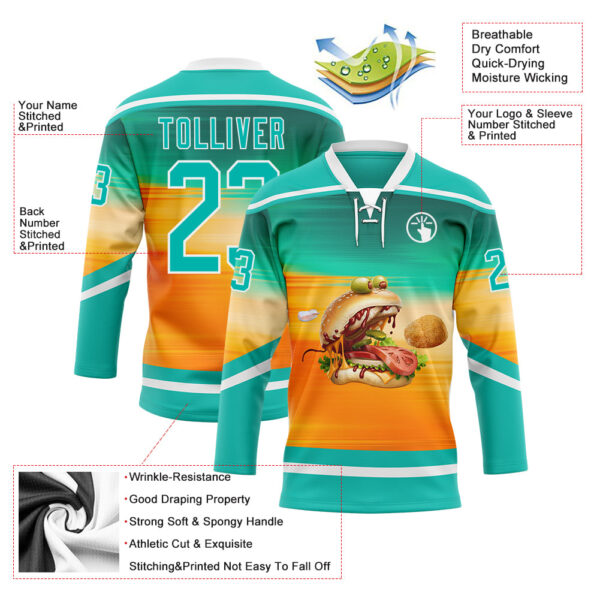 Custom Green Aqua Yellow-White Foodie Funny Hamberger Hockey Lace Neck Jersey