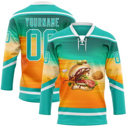 3DPattern11787 Custom Green Aqua Yellow-White Foodie Funny Hamberger Hockey Lace Neck Jersey