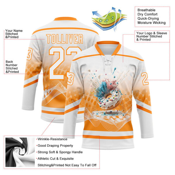 Custom White Bay Orange Foodie Funny Donuts Hockey Lace Neck Jersey
