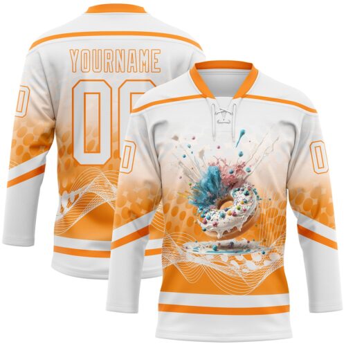 Custom White Bay Orange Foodie Funny Donuts Hockey Lace Neck Jersey