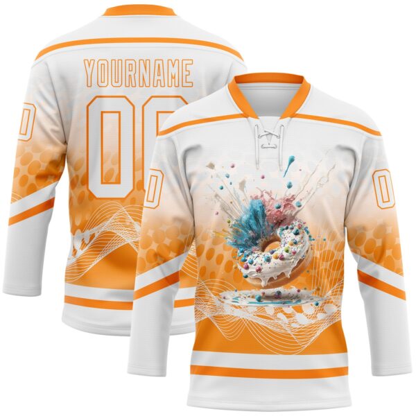 Custom White Bay Orange Foodie Funny Donuts Hockey Lace Neck Jersey