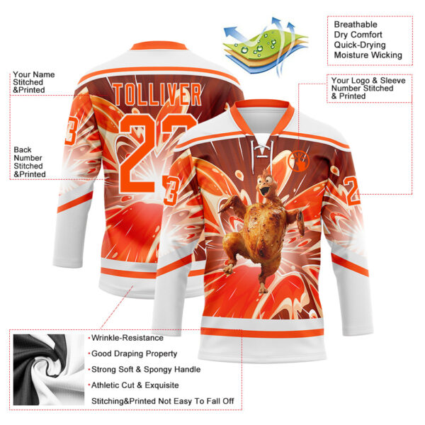Custom White Orange Foodie Funny Thanksgiving Turkey Hockey Lace Neck Jersey