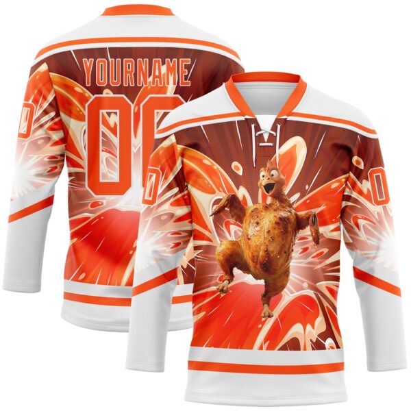Custom White Orange Foodie Funny Thanksgiving Turkey Hockey Lace Neck Jersey