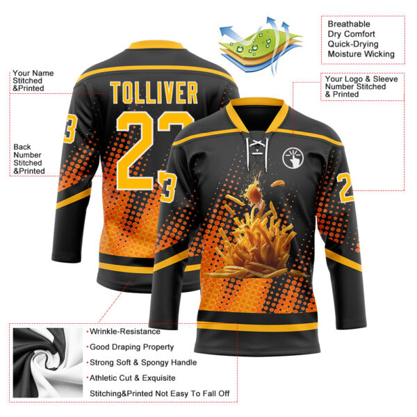 Custom Black Gold-White Foodie Funny Fries Hockey Lace Neck Jersey