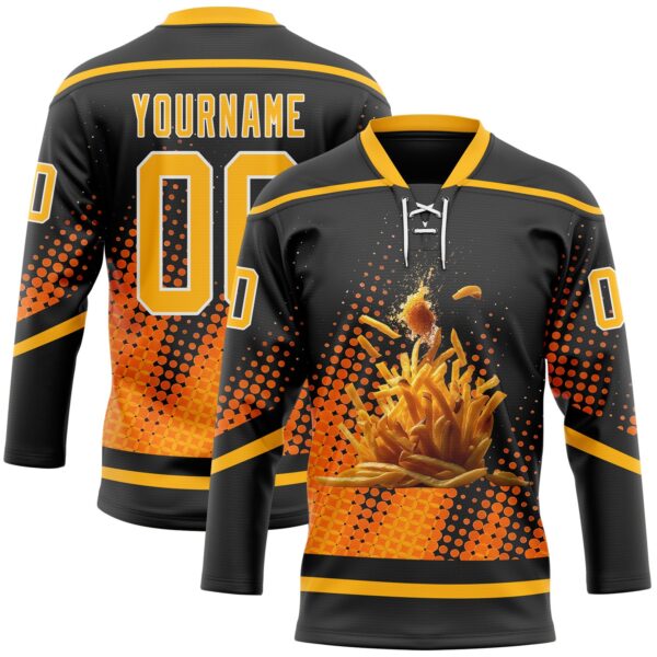 Custom Black Gold-White Foodie Funny Fries Hockey Lace Neck Jersey
