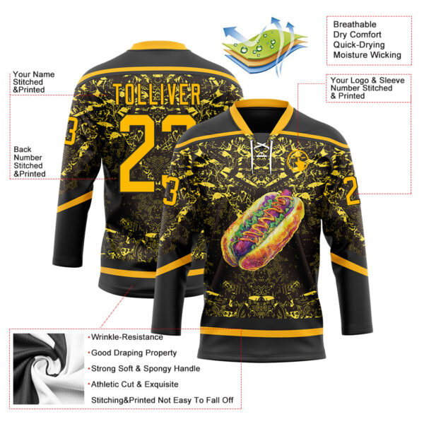 Custom Black Gold-White Foodie Funny Hot Dog Hockey Lace Neck Jersey