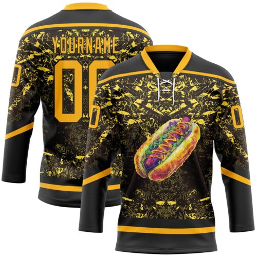 Custom Black Gold-White Foodie Funny Hot Dog Hockey Lace Neck Jersey