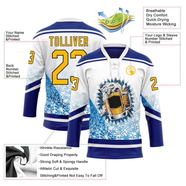 Custom Royal Gold Black-White Foodie Funny Beer Hockey Lace Neck Jersey